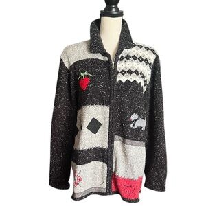 Vintage 90’s Dog Theme TANJAY Zipper front sweater cardigan. SZ. Large.